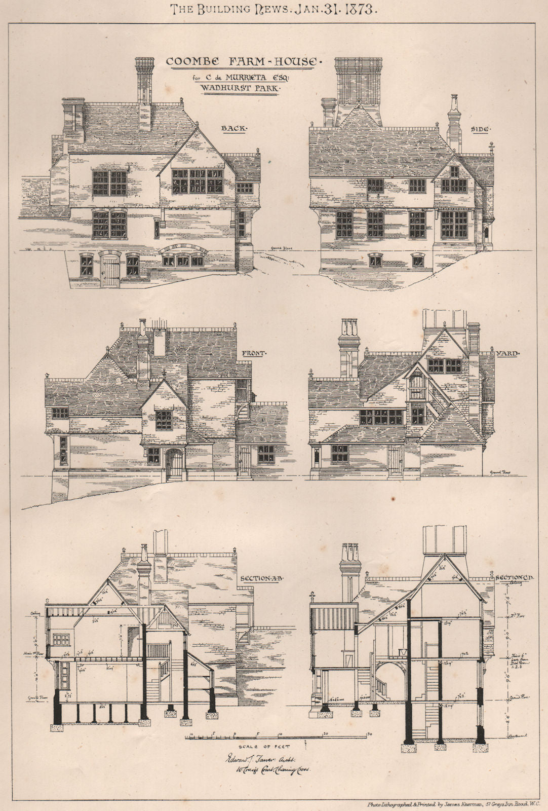 Coombe Farmhouse for C. & Murrieta Esq, Wadhurst Park . Sussex 1873 old print